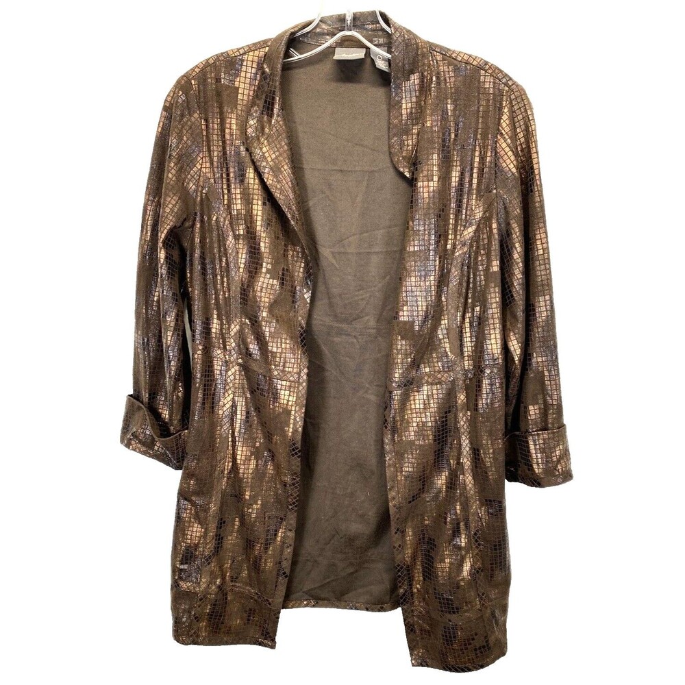 Chico's Womens Open Front Cardigan Jacket Size 0 Brown Faux Leather Animal Print